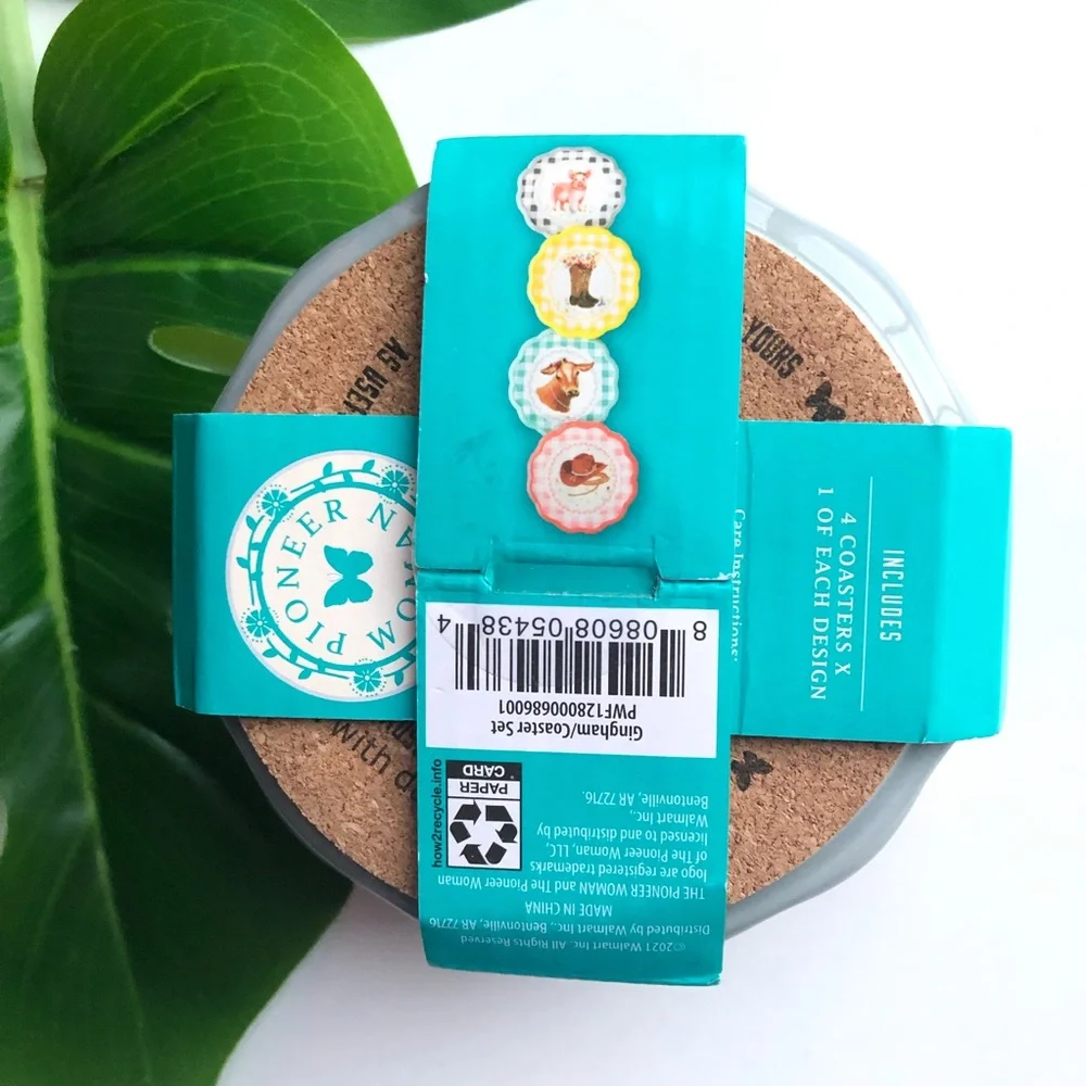 4 Pioneer Woman Novelty Gingham Coasters 3.97 Inches Diameter - Picture 4 of 4